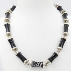 Collier vintage en perles de bambou en onyx noir naturel en argent sterling de 20 pouces