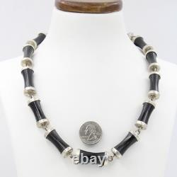 Collier vintage en perles de bambou en onyx noir naturel en argent sterling de 20 pouces