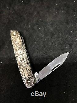 Couteau De Poche Pliant Orné Antique En Argent Sterling Vintage Art Nouveau