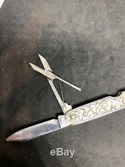 Couteau De Poche Pliant Orné Antique En Argent Sterling Vintage Art Nouveau