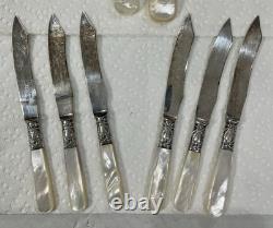 Couteaux vintage en nacre (16), fourchette de service et louche avec colliers en argent sterling
