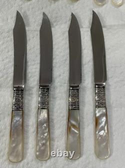 Couteaux vintage en nacre (16), fourchette de service et louche avec colliers en argent sterling
