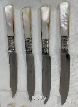 Couteaux vintage en nacre (16), fourchette de service et louche avec colliers en argent sterling