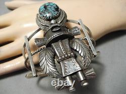 Déclaration Vintage Navajo Énorme Kachina Turquoise Bracelet En Argent Sterling Vieux