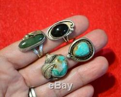Énorme Vintage Indigène Zuni Navajo En Argent Sterling Turquoise Corail Bague Lot De 16
