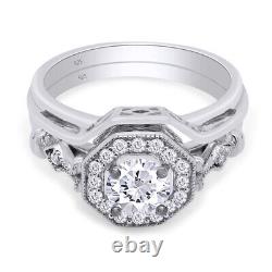 Ensemble de bague de fiançailles et de mariage vintage avec halo en diamant simulé, en argent sterling 925.