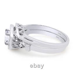 Ensemble de bague de fiançailles et de mariage vintage avec halo en diamant simulé, en argent sterling 925.