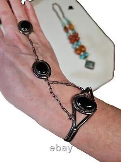 Ensemble de bague et bracelet esclave en argent sterling vintage avec onyx noir Texco, taille Goth 7
