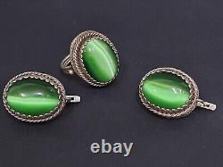 Ensemble de bijoux en argent sterling vintage en pierre d'agate verte pour femmes, boucles d'oreilles et bague, taille 7