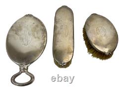 Ensemble de coiffeuse vintage en argent sterling Gorham avec miroir et 2 brosses, monogramme AMG