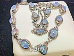 Estate Vintage Collier D'opale En Argent Sterling Gemstone, Cabochons D'opale Irisée