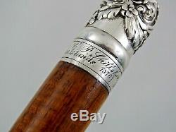 Fin Antique Tiffany Argent Sterling Walking Cane Stick Hawaii Boston 1876