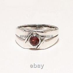 Gemme de Grenat Taillée Ronde avec Anneau en Argent Sterling 925 pour Hommes #D129