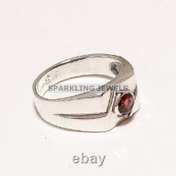 Gemme de Grenat Taillée Ronde avec Anneau en Argent Sterling 925 pour Hommes #D129