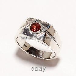 Gemme de Grenat Taillée Ronde avec Anneau en Argent Sterling 925 pour Hommes #D129