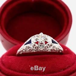Gold Sapphire Antique Vintage Edwardian Filigrane Bague Terminer 1,40 Ct Diamant