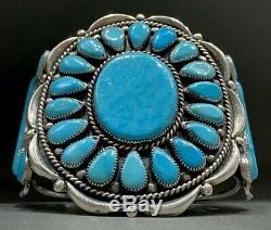 Grand Vintage Navajo En Argent Sterling Turquoise Bracelet Cluster