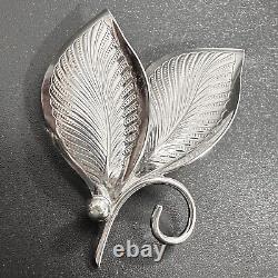 Jolie broche épingle en argent sterling vintage avec motif de feuille 1 5/8 x 1 3/8