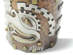Large Cuff Aztèque Maya Mexicaine Vintage En Argent Sterling + Cuivre Bracelet Mexique
