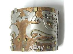 Large Cuff Aztèque Maya Mexicaine Vintage En Argent Sterling + Cuivre Bracelet Mexique