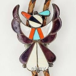 Leagues Ahiyite Argent Sterling 925 Zuni Thunderbird Inlay Turquoise Bolo Tie