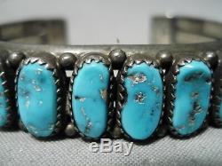 Magnifique Vintage Navajo Kingman Turquoise Bracelet En Argent Sterling Vieux