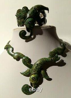 Margot De Taxco Mexique Vintage Sterling Green Enamel Fish Bracelet Collier Set