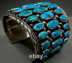 Massive Turquoise Vintage Navajo En Argent Sterling Bracelet Manchette Grappe 165 Grammes