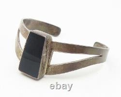 Mexique 925 Argent Vintage Noir Onyx Découpe Tonne Foncée Cuff Bracelet Bt4629
