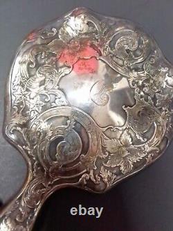 Miroir en argent sterling vintage ou antique testé à l'acide tel quel