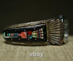 Native American Vintage Zuni Micro Inlay En Argent Sterling Montre Bracelet