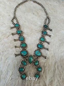 Navajo Vintage Vieux Pawn Sterling Turquoise Squash Blossom Collier- Superbe