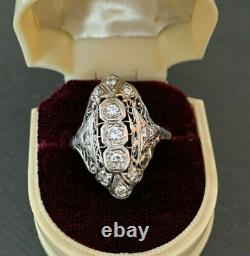 Navette Shaped Open Filigree Vintage Engagement Ring 2.3ct Diamond 14k Gold Over