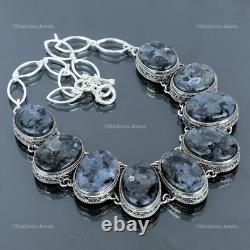 Offre de la Fête des Mères Collier Vintage en Argent Sterling avec Pierre Larvikite en Chaine Bezel