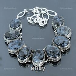 Offre de la Fête des Mères Collier Vintage en Argent Sterling avec Pierre Larvikite en Chaine Bezel