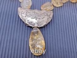 Offre vintage Collier pendentif perlé en argent sterling avec citrine naturelle 17