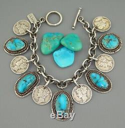 Old Pawn Turquoise Navajo Charm Bracelet Vintage Mercury Dime Pendentif Sterling