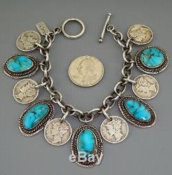 Old Pawn Turquoise Navajo Charm Bracelet Vintage Mercury Dime Pendentif Sterling
