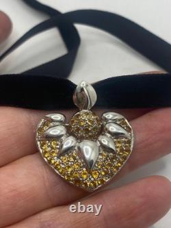 Pendentif Choker en Citrine Cœur Doré en Argent Sterling Vintage
