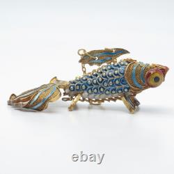 Pendentif / Fob en argent sterling 925 plaqué or émaillé avec motif de carpe koi antique chinoise