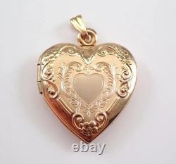 Pendentif Médaillon Vintage en Cœur Charm Collier Fleur Pendentif Fini Or Jaune 14K