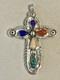 Pendentif Croix En Argent Sterling Vtg Southwest Avec Pierres Multicolores Signé