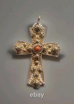 Pendentif croix en argent sterling et pierre corail fait main vintage 1960 en Croatie