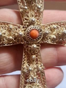 Pendentif croix en argent sterling et pierre corail fait main vintage 1960 en Croatie
