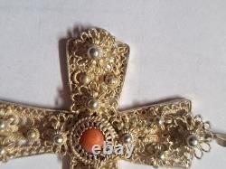 Pendentif croix en argent sterling et pierre corail fait main vintage 1960 en Croatie