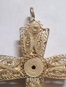 Pendentif croix en argent sterling et pierre corail fait main vintage 1960 en Croatie