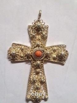 Pendentif croix en argent sterling et pierre corail fait main vintage 1960 en Croatie
