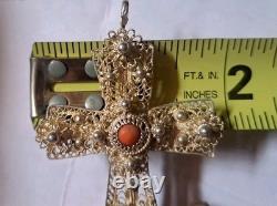 Pendentif croix en argent sterling et pierre corail fait main vintage 1960 en Croatie