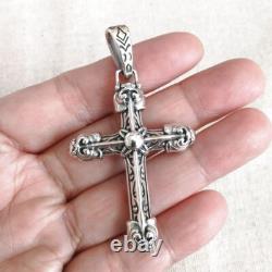 Pendentif croix ornée en argent sterling 925 épais, solide et brillant, double face