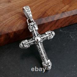 Pendentif croix ornée en argent sterling 925 épais, solide et brillant, double face